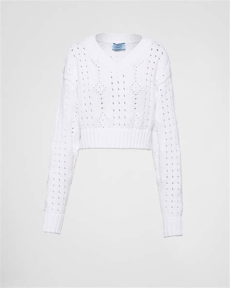 prada pullover v-ausschnitt|Weiss Kurzer Pullover aus Baumwolle mit V.